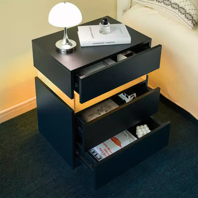 TUYOHW Table de chevet LED moderne avec panneau en acrylique et 3 tiroirs, tables de chevet pour dortoir, salon, chambre à coucher