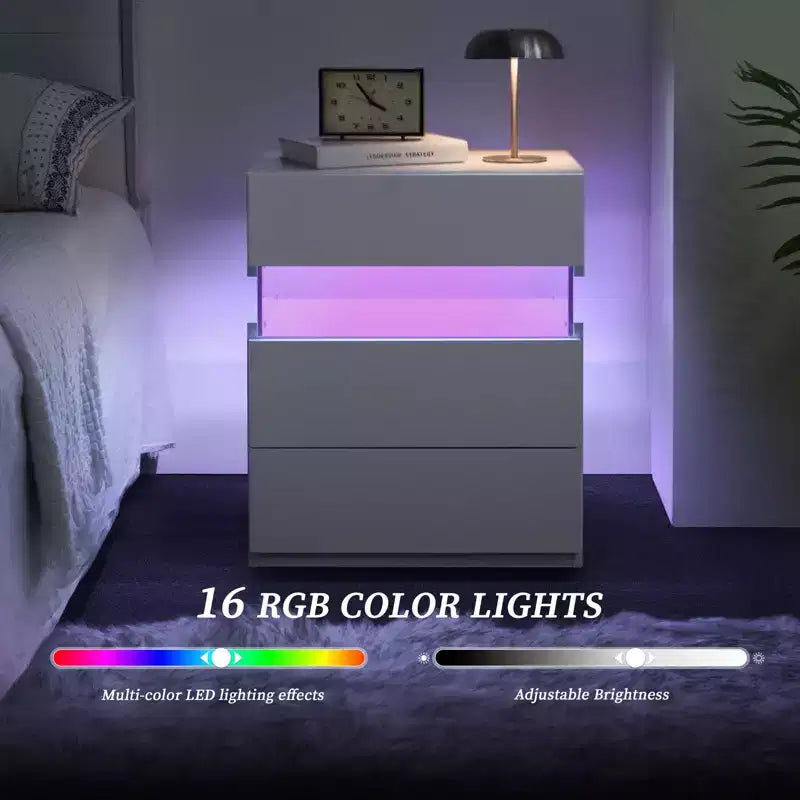 TUYOHW Table de chevet LED moderne avec panneau en acrylique et 3 tiroirs, tables de chevet pour dortoir, salon, chambre à coucher