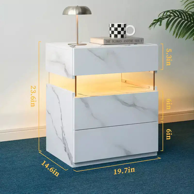 TUYOHW Table de chevet LED moderne avec panneau en acrylique et 3 tiroirs, tables de chevet pour dortoir, salon, chambre à coucher