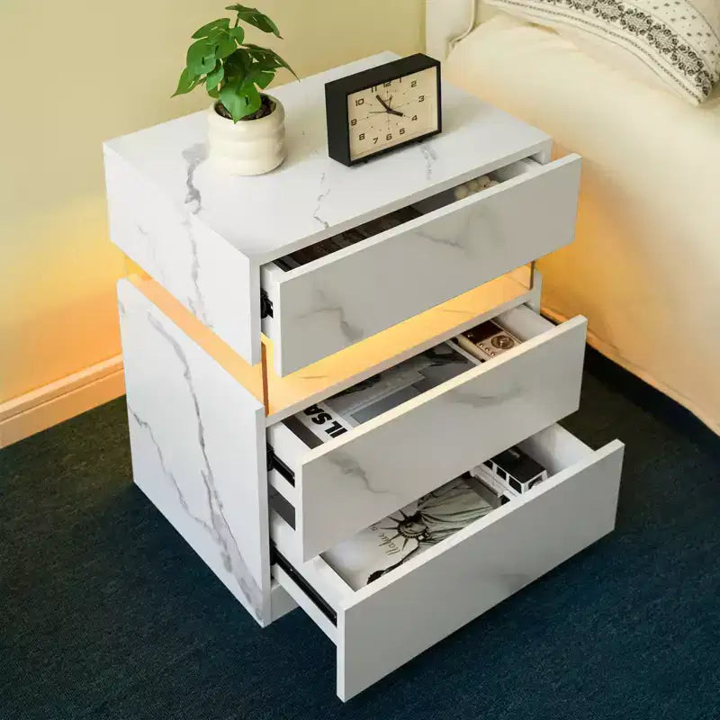 TUYOHW Table de chevet LED moderne avec panneau en acrylique et 3 tiroirs, tables de chevet pour dortoir, salon, chambre à coucher