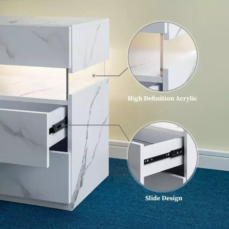 TUYOHW Table de chevet LED moderne avec panneau en acrylique et 3 tiroirs, tables de chevet pour dortoir, salon, chambre à coucher