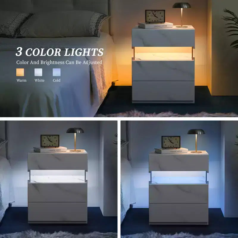 TUYOHW Table de chevet LED moderne avec panneau en acrylique et 3 tiroirs, tables de chevet pour dortoir, salon, chambre à coucher