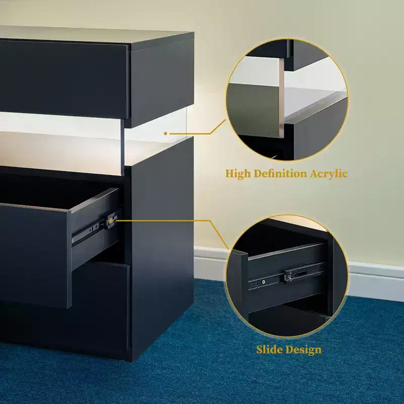 TUYOHW Table de chevet LED moderne avec panneau en acrylique et 3 tiroirs, tables de chevet pour dortoir, salon, chambre à coucher