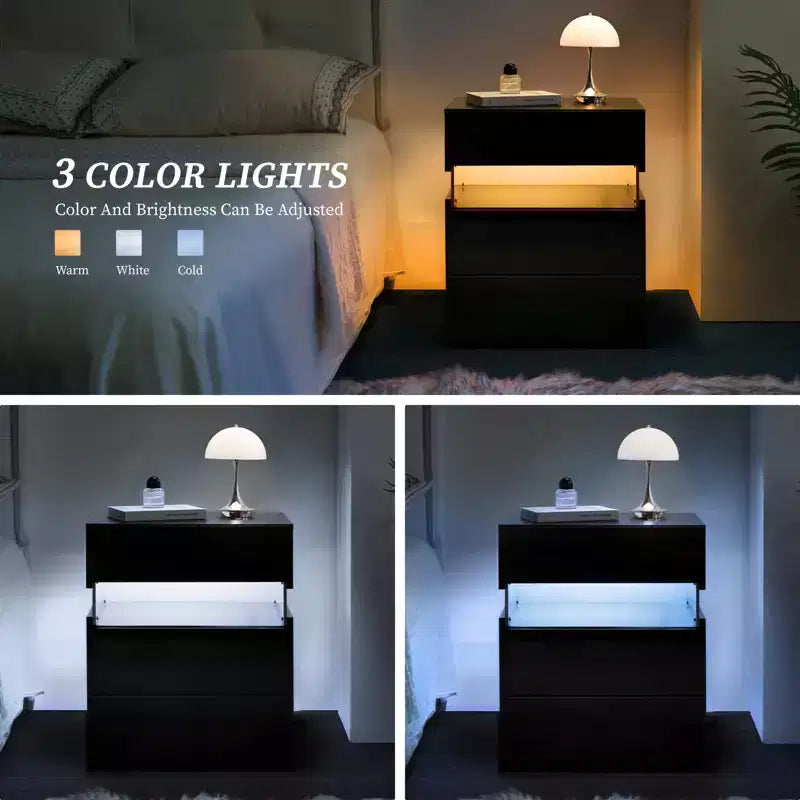 TUYOHW Table de chevet LED moderne avec panneau en acrylique et 3 tiroirs, tables de chevet pour dortoir, salon, chambre à coucher