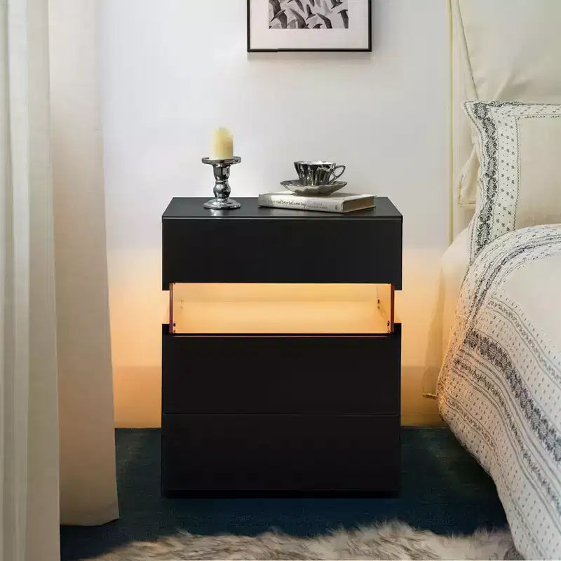 TUYOHW Table de chevet LED moderne avec panneau en acrylique et 3 tiroirs, tables de chevet pour dortoir, salon, chambre à coucher