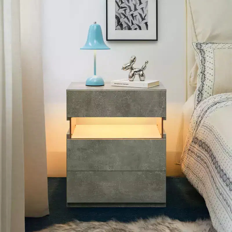 TUYOHW Table de chevet LED moderne avec panneau en acrylique et 3 tiroirs, tables de chevet pour dortoir, salon, chambre à coucher