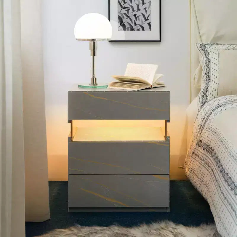 TUYOHW Table de chevet LED moderne avec panneau en acrylique et 3 tiroirs, tables de chevet pour dortoir, salon, chambre à coucher