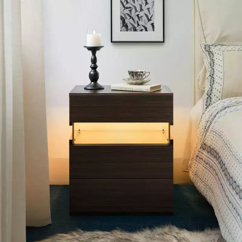 TUYOHW Table de chevet LED moderne avec panneau en acrylique et 3 tiroirs, tables de chevet pour dortoir, salon, chambre à coucher