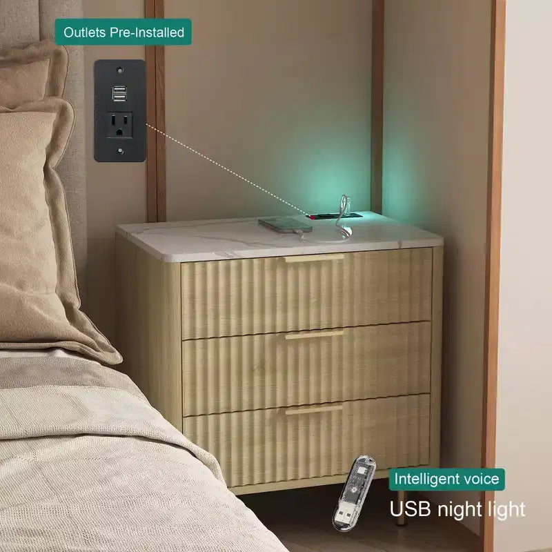Table de chevet intelligente TUYOHW avec veilleuse à commande vocale et station de charge, table de nuit avec 3 tiroirs, table d'appoint pour chambre à coucher, salon