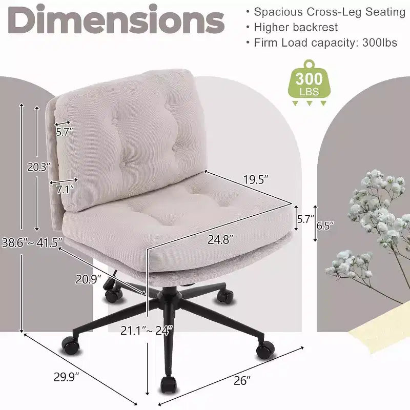 Siège VINGLI Criss Cross Cloud, Chaise de bureau confortable en velours côtelé avec/sans roulettes, Tabouret pivotant moderne Kaki clair