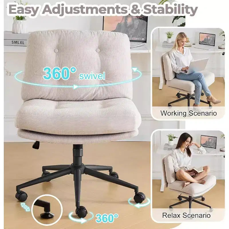 Siège VINGLI Criss Cross Cloud, Chaise de bureau confortable en velours côtelé avec/sans roulettes, Tabouret pivotant moderne Kaki clair