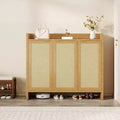 Rattan Shoe Storage Cabinet, Wooden Shoe Rack Organizer Cabinet with 3 Doors and Adjustable Shelves for Entryway Living Room Hallway, Dark Oak