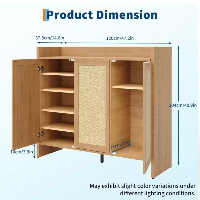 Meuble à chaussures en rotin, meuble de rangement pour chaussures en bois avec 3 portes et étagères réglables pour entrée, salon, couloir, chêne foncé