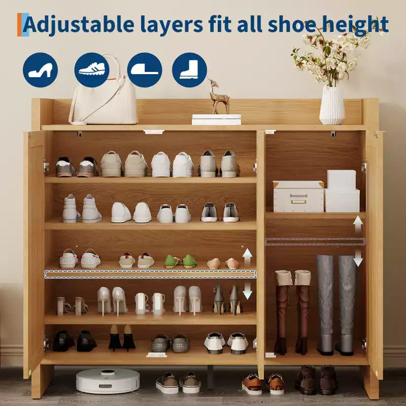 Meuble à chaussures en rotin, meuble de rangement pour chaussures en bois avec 3 portes et étagères réglables pour entrée, salon, couloir, chêne foncé