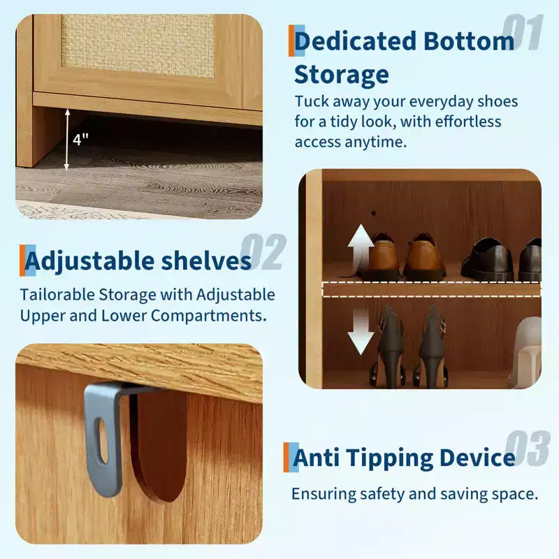 Meuble à chaussures en rotin, meuble de rangement pour chaussures en bois avec 3 portes et étagères réglables pour entrée, salon, couloir, chêne foncé