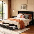 Velvet Upholstered Storage Bed Frame With 2 Footboard Drawers, Vertical Channel Headboard, No Box Spring Required