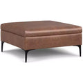 Lilah 36 inch Wide Contemporary Square Mid Century Coffee Table Storage Ottoman with Lift Up Lid in Distressed Saddle Brown Vegan Faux Leather
