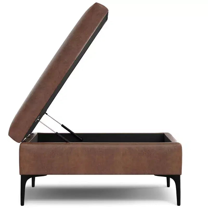 Lilah Canapé-coffre de rangement ottoman contemporain carré de 91,4 cm de large avec couvercle relevable en similicuir vegan marron selle vieilli