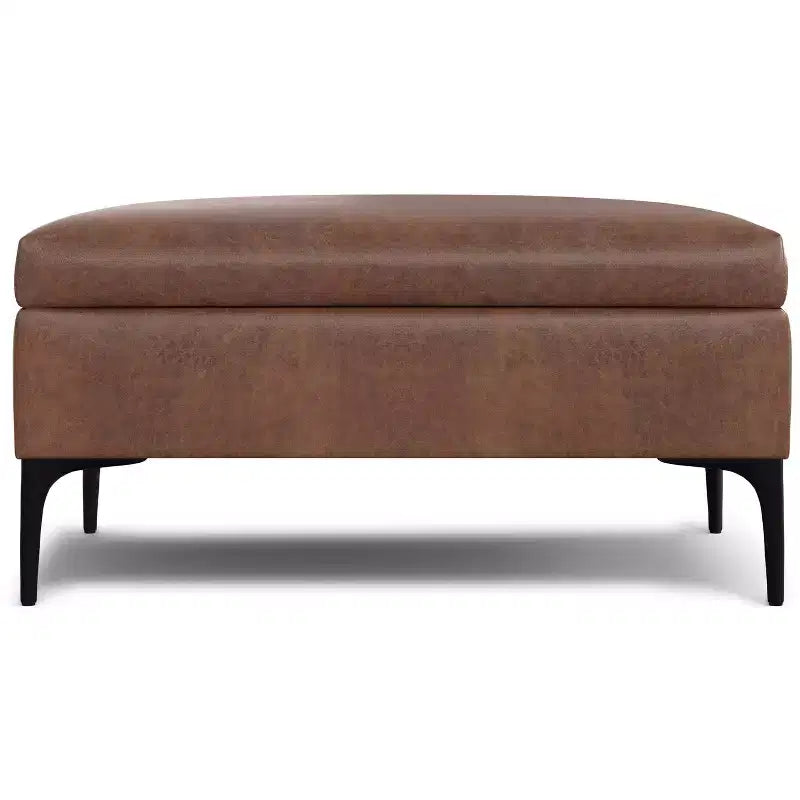 Lilah Canapé-coffre de rangement ottoman contemporain carré de 91,4 cm de large avec couvercle relevable en similicuir vegan marron selle vieilli