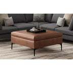 Lilah Canapé-coffre de rangement ottoman contemporain carré de 91,4 cm de large avec couvercle relevable en similicuir vegan marron selle vieilli