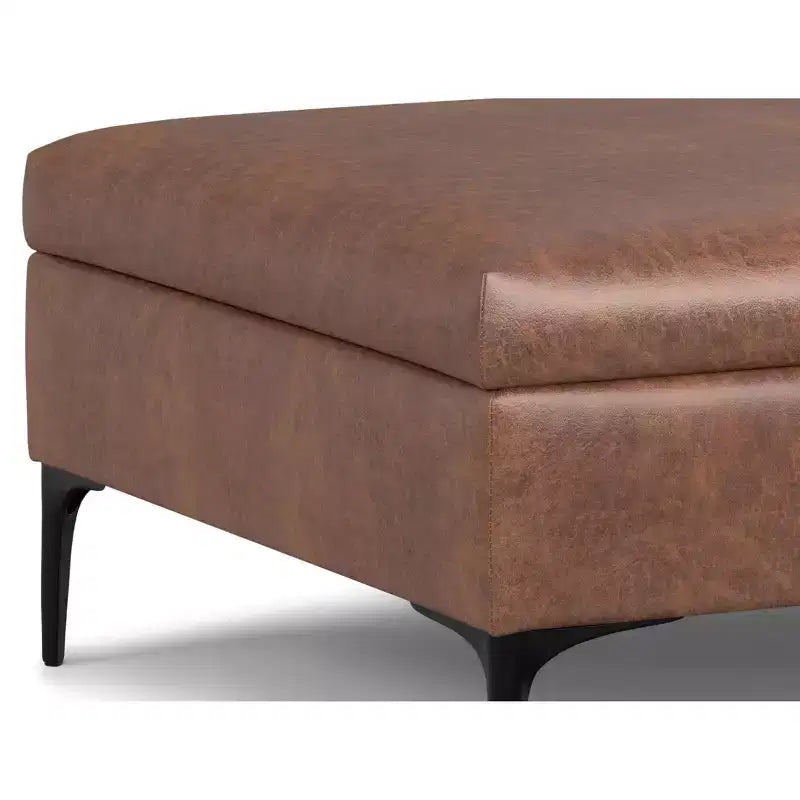 Lilah Canapé-coffre de rangement ottoman contemporain carré de 91,4 cm de large avec couvercle relevable en similicuir vegan marron selle vieilli