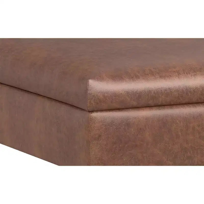 Lilah Canapé-coffre de rangement ottoman contemporain carré de 91,4 cm de large avec couvercle relevable en similicuir vegan marron selle vieilli