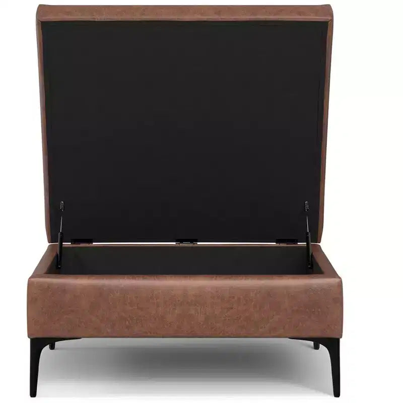 Lilah Canapé-coffre de rangement ottoman contemporain carré de 91,4 cm de large avec couvercle relevable en similicuir vegan marron selle vieilli