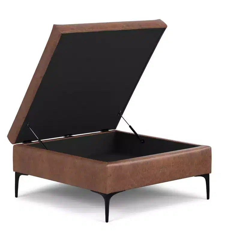 Lilah Canapé-coffre de rangement ottoman contemporain carré de 91,4 cm de large avec couvercle relevable en similicuir vegan marron selle vieilli