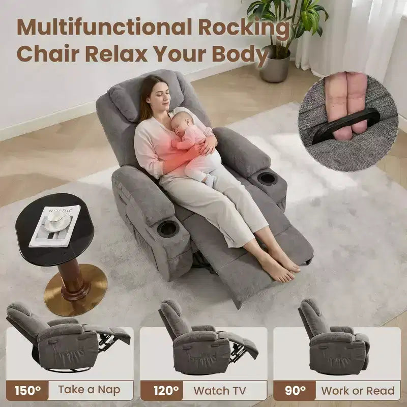 Fauteuil inclinable, fauteuil inclinable à bascule pivotant à 360° pour adultes avec massage et chaleur, fauteuils à bascule électriques pour salon, chambre de bébé