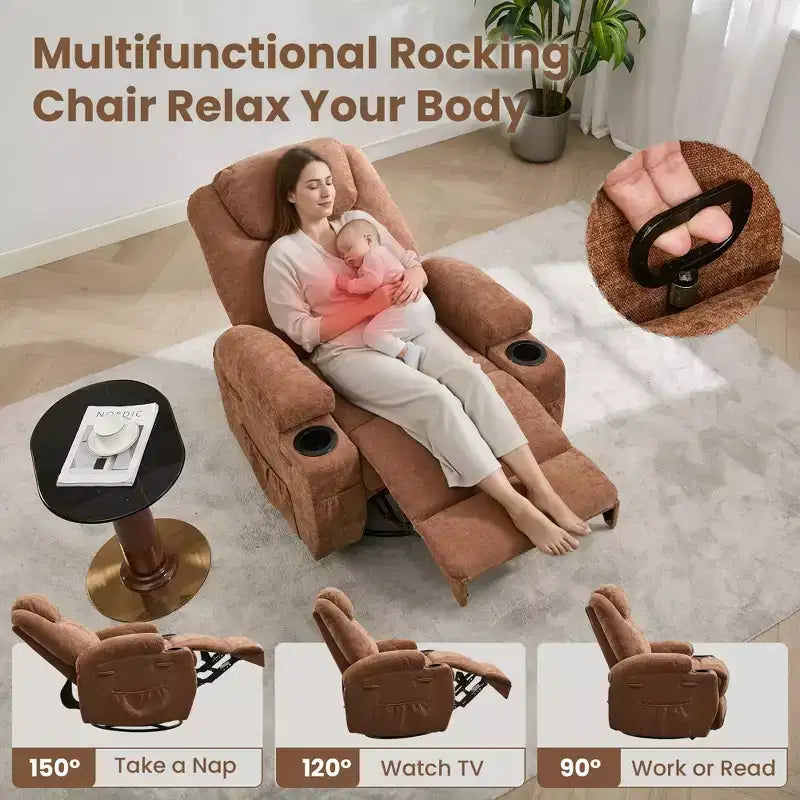 Fauteuil inclinable, fauteuil inclinable à bascule pivotant à 360° pour adultes avec massage et chaleur, fauteuils à bascule électriques pour salon, chambre de bébé