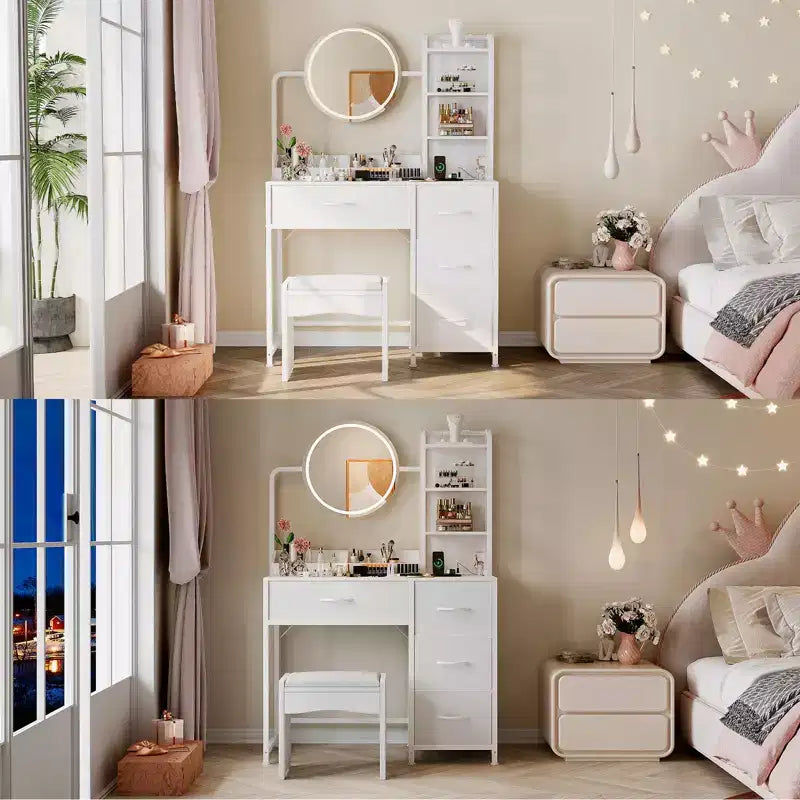 Acekool Petite coiffeuse avec miroir rond éclairé, prise de courant, 4 tiroirs en tissu, 3 étagères, table de maquillage moderne pour chambre, dortoir, appartement