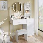Acekool Petite coiffeuse avec miroir rond éclairé, prise de courant, 4 tiroirs en tissu, 3 étagères, table de maquillage moderne pour chambre, dortoir, appartement