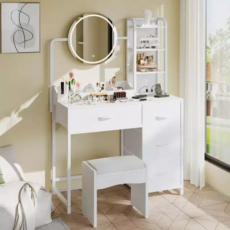 Acekool Petite coiffeuse avec miroir rond éclairé, prise de courant, 4 tiroirs en tissu, 3 étagères, table de maquillage moderne pour chambre, dortoir, appartement