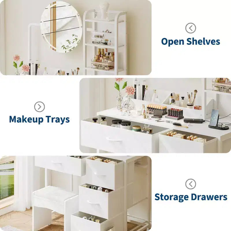 Acekool Petite coiffeuse avec miroir rond éclairé, prise de courant, 4 tiroirs en tissu, 3 étagères, table de maquillage moderne pour chambre, dortoir, appartement