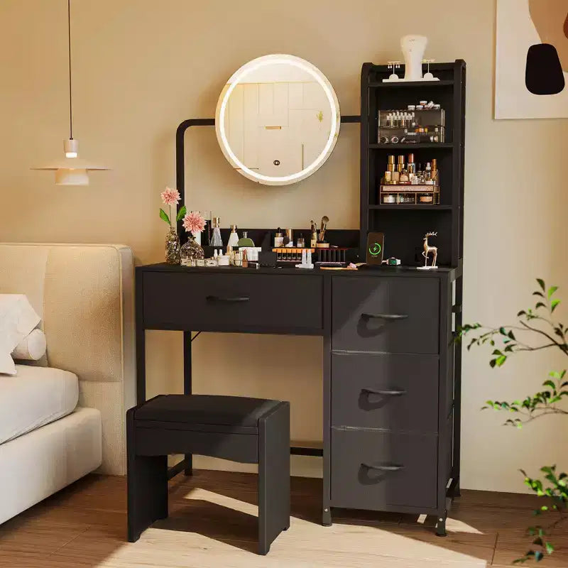 Acekool Petite coiffeuse avec miroir rond éclairé, prise de courant, 4 tiroirs en tissu, 3 étagères, table de maquillage moderne pour chambre, dortoir, appartement