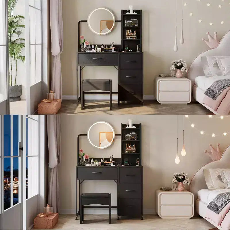 Acekool Petite coiffeuse avec miroir rond éclairé, prise de courant, 4 tiroirs en tissu, 3 étagères, table de maquillage moderne pour chambre, dortoir, appartement