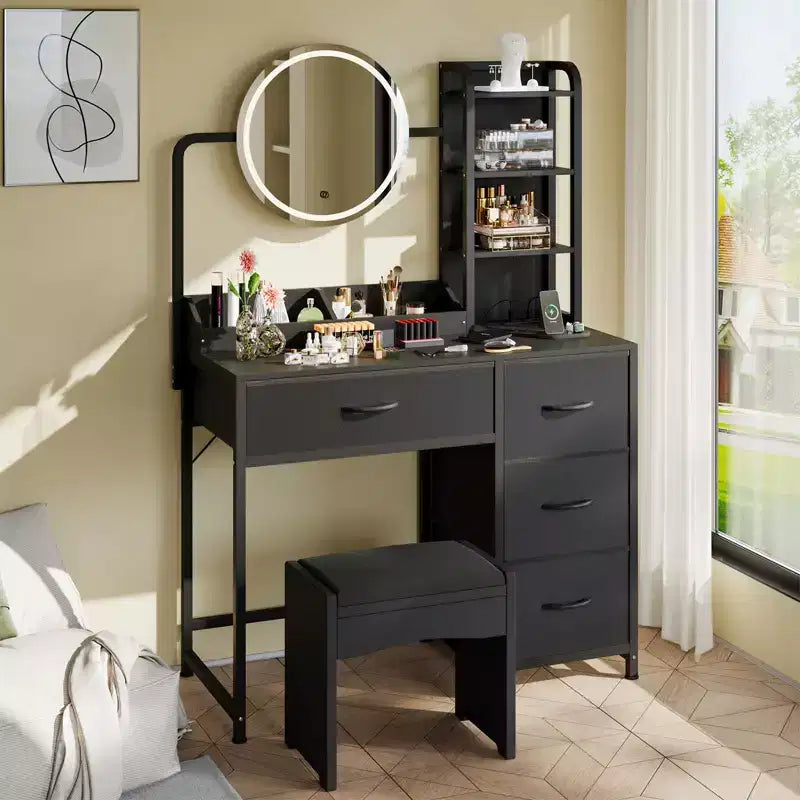 Acekool Petite coiffeuse avec miroir rond éclairé, prise de courant, 4 tiroirs en tissu, 3 étagères, table de maquillage moderne pour chambre, dortoir, appartement