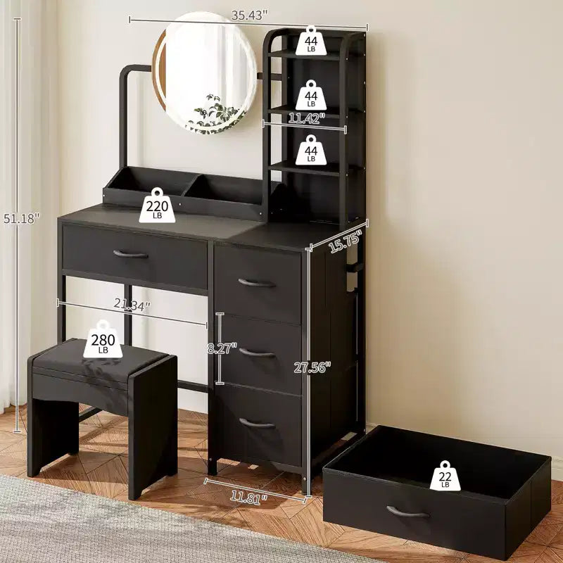 Acekool Petite coiffeuse avec miroir rond éclairé, prise de courant, 4 tiroirs en tissu, 3 étagères, table de maquillage moderne pour chambre, dortoir, appartement