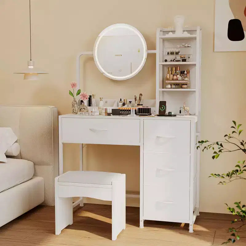 Acekool Petite coiffeuse avec miroir rond éclairé, prise de courant, 4 tiroirs en tissu, 3 étagères, table de maquillage moderne pour chambre, dortoir, appartement