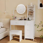 Acekool Petite coiffeuse avec miroir rond éclairé, prise de courant, 4 tiroirs en tissu, 3 étagères, table de maquillage moderne pour chambre, dortoir, appartement