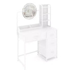 Acekool Petite coiffeuse avec miroir rond éclairé, prise de courant, 4 tiroirs en tissu, 3 étagères, table de maquillage moderne pour chambre, dortoir, appartement