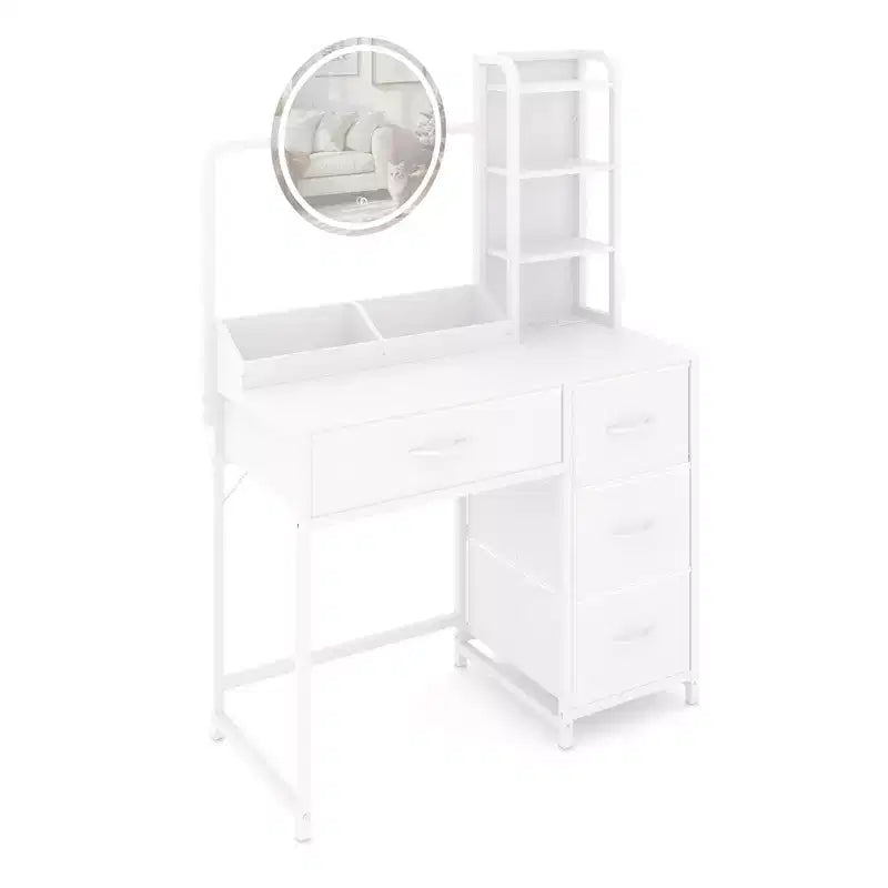 Acekool Petite coiffeuse avec miroir rond éclairé, prise de courant, 4 tiroirs en tissu, 3 étagères, table de maquillage moderne pour chambre, dortoir, appartement