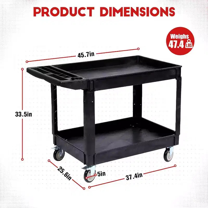Chariot roulant industriel à 2 étagères, chariot utilitaire d'une capacité de 250 kg avec roues verrouillables, grand chariot de service en plastique pour entrepôt, garage, atelier, cuisine