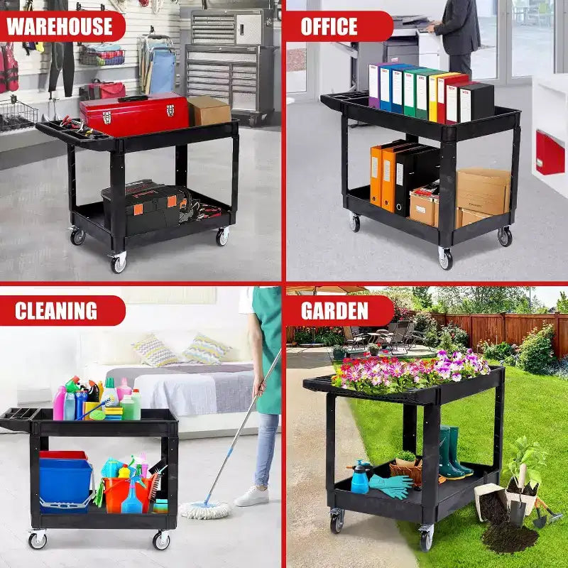 Chariot roulant industriel à 2 étagères, chariot utilitaire d'une capacité de 250 kg avec roues verrouillables, grand chariot de service en plastique pour entrepôt, garage, atelier, cuisine