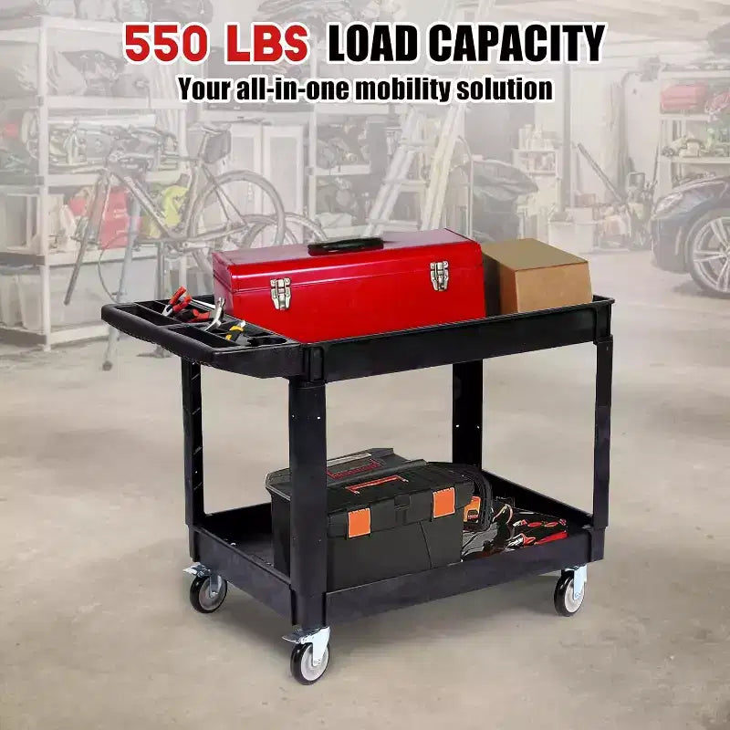 Chariot roulant industriel à 2 étagères, chariot utilitaire d'une capacité de 250 kg avec roues verrouillables, grand chariot de service en plastique pour entrepôt, garage, atelier, cuisine