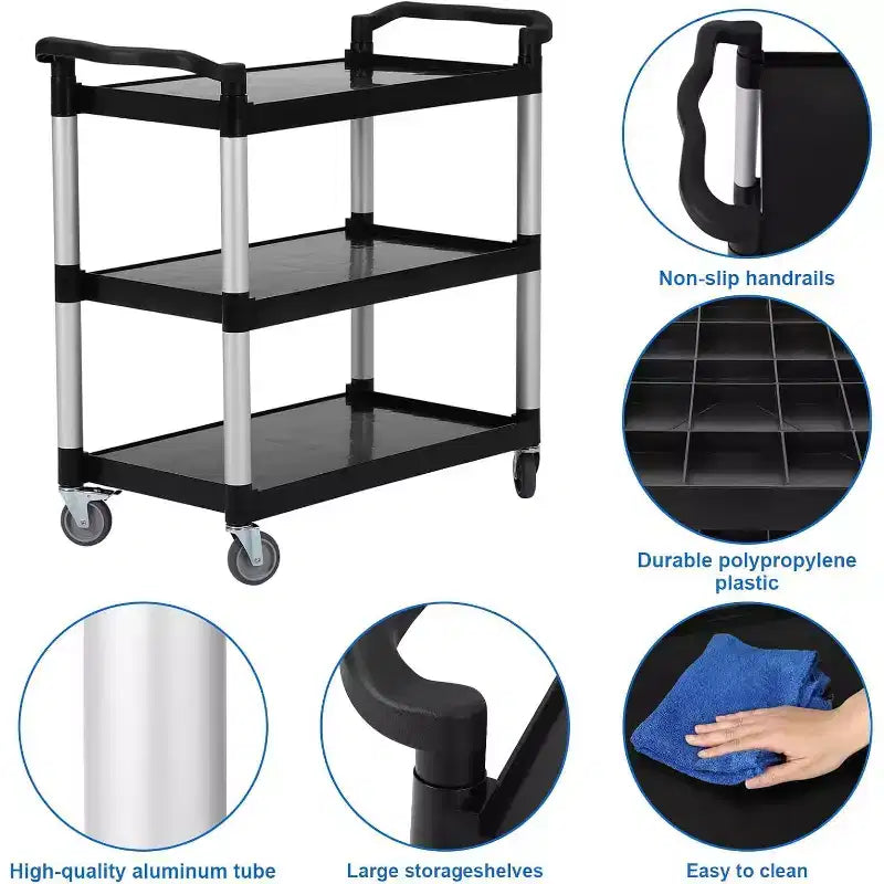 Chariot de service robuste de 163 kg avec roulettes verrouillables, chariot utilitaire roulant commercial à 3 niveaux pour cuisine de restaurant, nettoyage d'hôtel