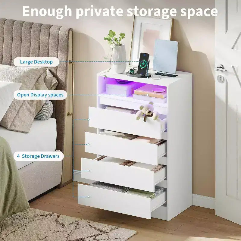 Commode double 4 tiroirs avec prise de courant, commode d'appoint avec lumière LED, commode de rangement blanche moderne avec station de charge
