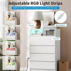 Commode double 4 tiroirs avec prise de courant, commode d'appoint avec lumière LED, commode de rangement blanche moderne avec station de charge