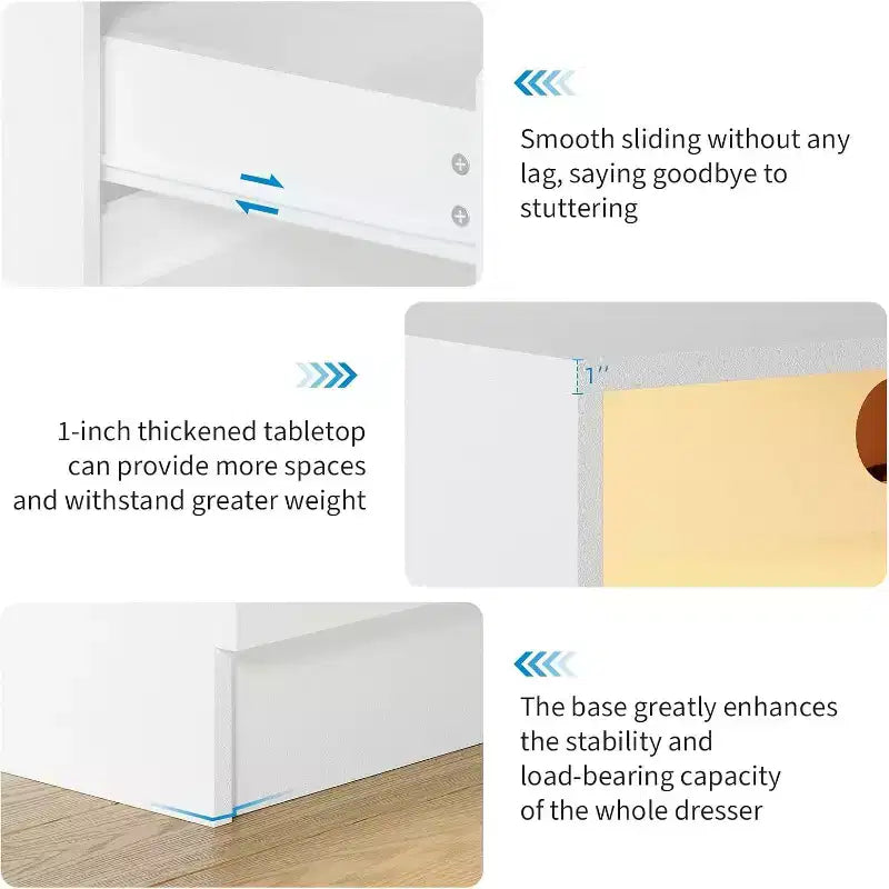 Commode double 4 tiroirs avec prise de courant, commode d'appoint avec lumière LED, commode de rangement blanche moderne avec station de charge