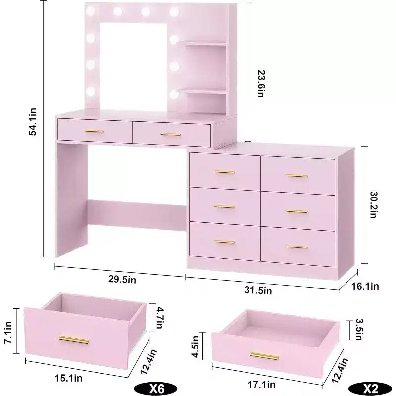 Coiffeuse 61 avec miroir et lumières, table de maquillage blanche avec 8 tiroirs et 2 étagères, 3 modes d'éclairage avec luminosité réglable